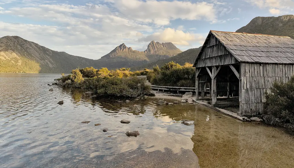 The historic Dove Lake boatshed with Cradle Mountain behind