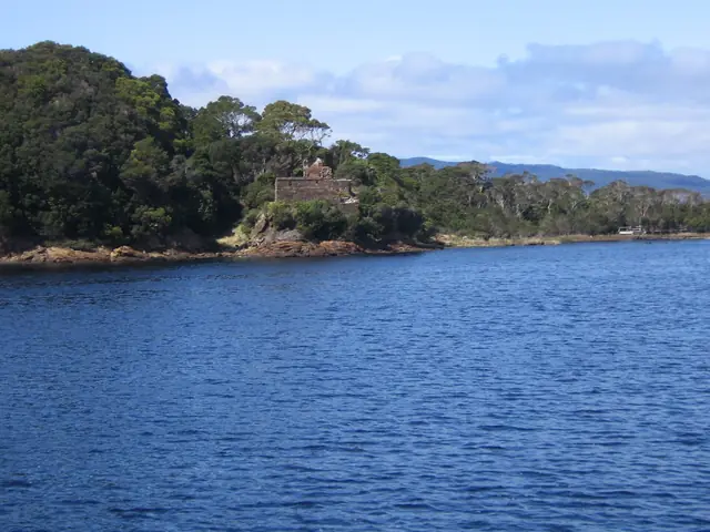 Macquarie Harbour near Sarah Island, site of the former penal settlement